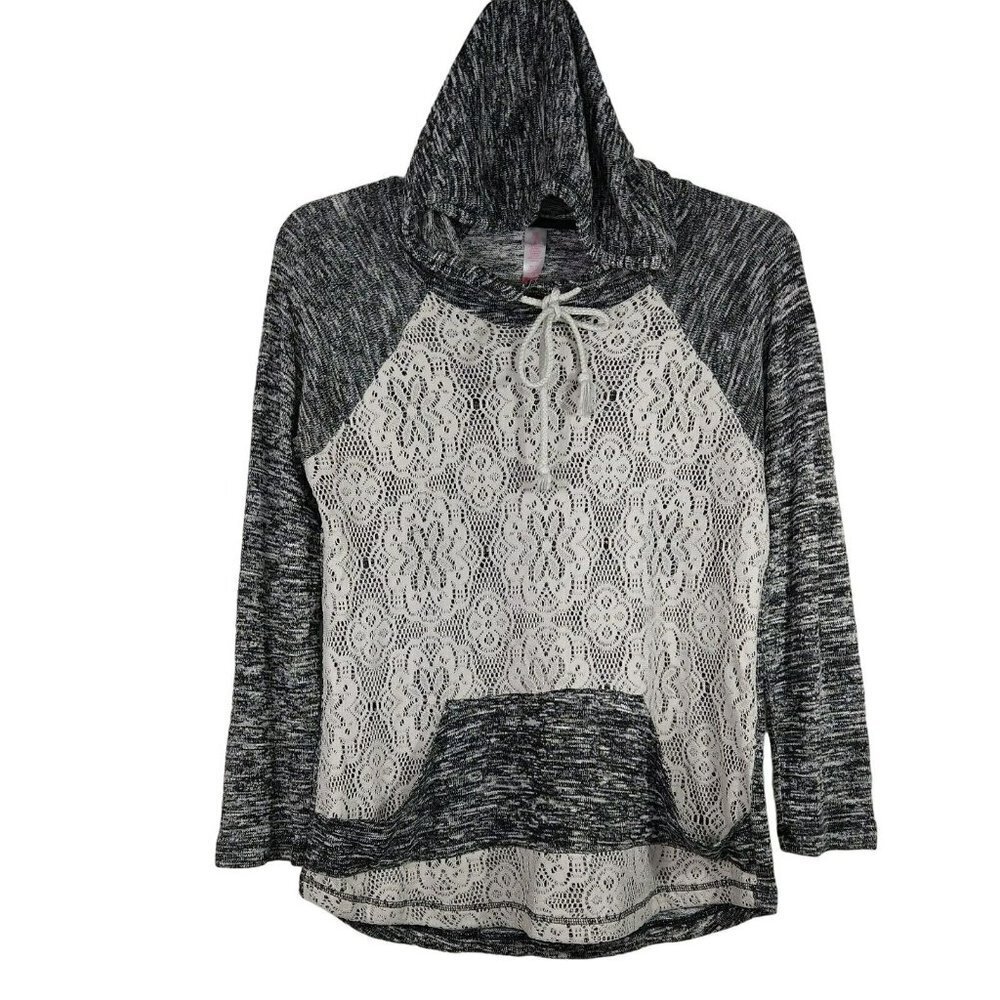 No Boundaries Knit Hooded Top Juniors Size XL 15-17 Space Dye White Black